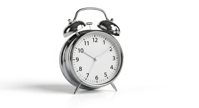 Classic silver alarm clock with twin bells and white face on white background