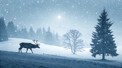Lone reindeer walks through a snowy forest at dusk with falling snow