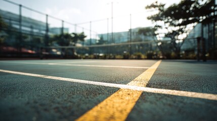 Abstract close-up shot of an outdoor tennis court with sunlight