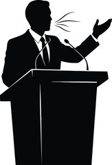 Silhouette of a businessman or politician giving a speech from behind a podium isolated on white background