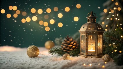 Cozy christmas lantern with glowing lights and pine cones in snow