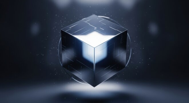 Abstract luminous digital cube floating with futuristic particle effect