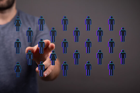 Connecting with digital community, networking or social media concept. Man's hand selecting team members to eng