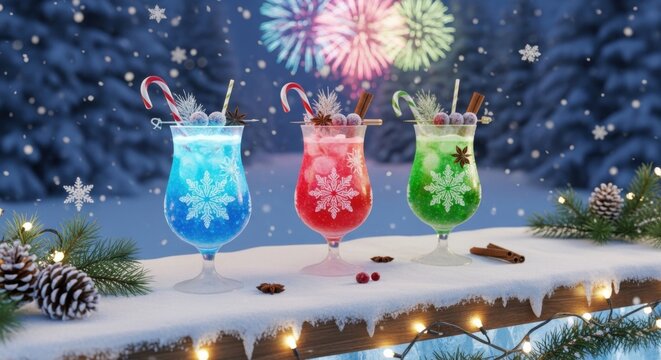 Festive Holiday Cocktails: A Sparkling Winter Scene with Snowflakes and Fireworks