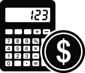 Black and white icon representing a calculator next to a large dollar coin, symbolizing finance and accounting tasks