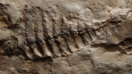 Paleontology - the imprints in limestone rock of fossil remains of ancient organisms - concept poster background. Gray surface texture. Digital photo illustration. 