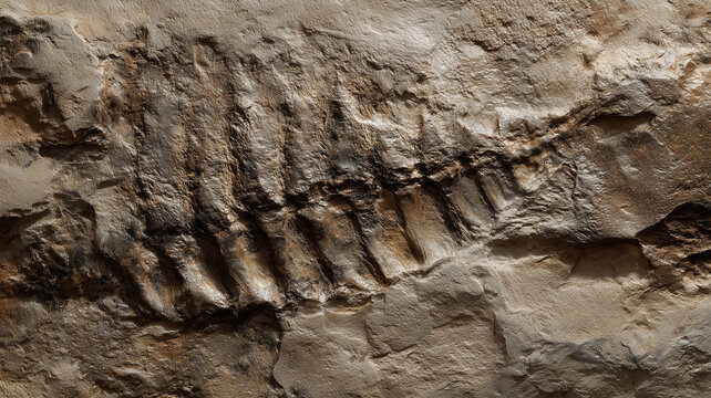 Paleontology - the imprints in limestone rock of fossil remains of ancient organisms - concept poster background. Gray surface texture. Digital photo illustration. 