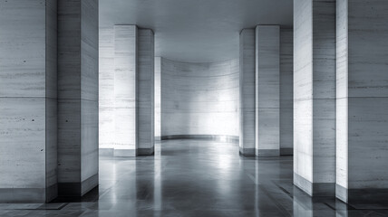 Minimalist interior of the hall in gray tones with rectangular columns. Internal architectural space. Digital photo illustration. 