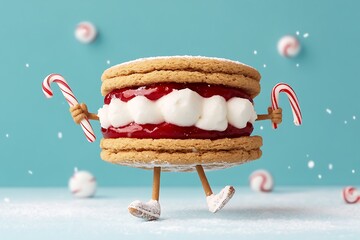 Cartoon cookie sandwich with cream filling and tiny arms holding a candy cane 