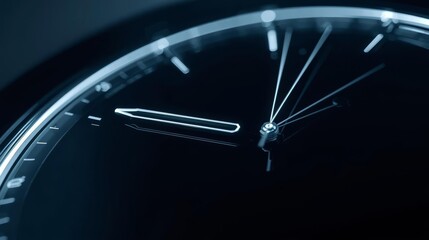 Close-up of a modern minimalist clock face with glowing hands and markers in a dark setting, emphasizing time and precision.
