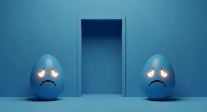 Two blue eggs with sad glowing eyes stand before an open doorway sad egg crying egg