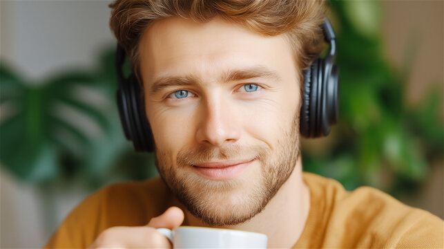 Portrait of young man wearing headset in modern workspace, symbolizing remote communication, customer support, digital workflow and friendly professional service.