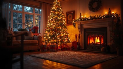 Cozy Christmas Living Room with Fireplace and Decorated Tree.