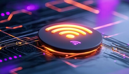 A close-up, futuristic view of a glowing WiFi symbol on a dark circuit board, illuminated by vibrant orange and purple neon lights, suggesting digital connectiv