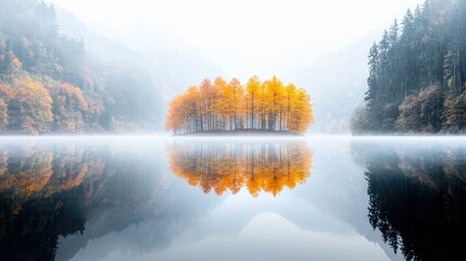 A small island covered in vibrant orange and yellow autumn trees stands in the middle of a calm lake, with mist rising from the water and mountains in the backg
