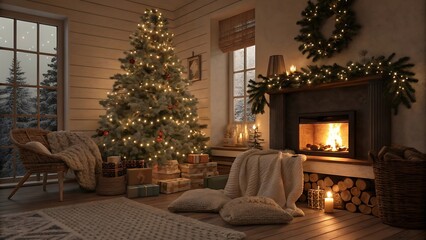 Cozy christmas living room with a decorated tree and fireplace