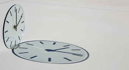 A clock casts a sharp shadow on a white surface, showing the time at approximately 11:59.