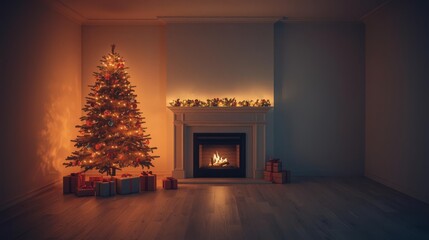 Cozy Christmas Scene with Tree, Fireplace, and Gifts.