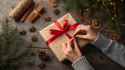 Hands tying a red ribbon on a christmas gift box surrounded by festive decorations