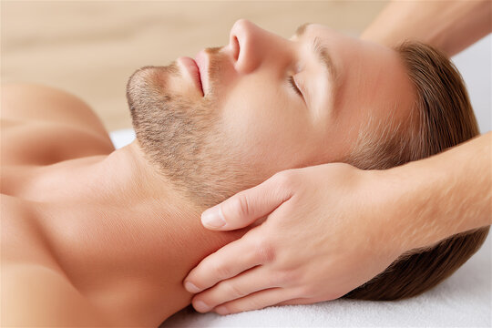 Man lying relaxed while receiving professional head massage in spa setting, conveying wellness, calmness, stress relief and therapeutic self-care in a serene environment. - Powered by Adobe