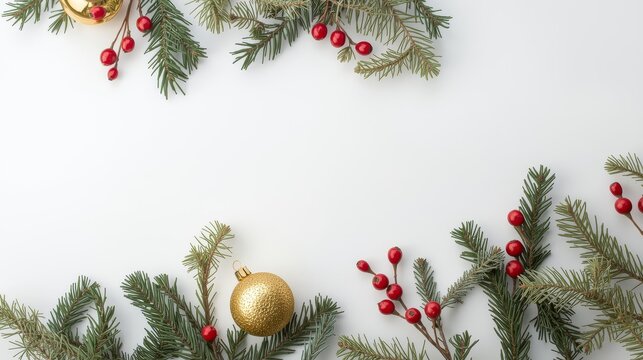 Elegant Christmas holiday flat lay with fir branches golden ornaments and red berries on a white background.