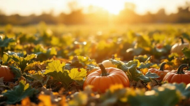 Sunlit pumpkin patch with vibrant green foliage at sunset