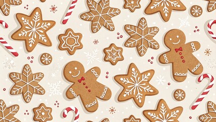 Festive christmas gingerbread cookies and candy canes scattered on white background