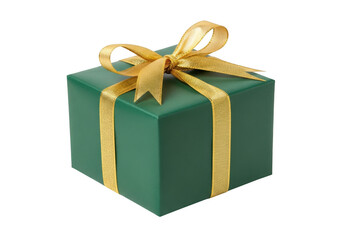 Obraz premium Green gift box with golden ribbon isolated on transparent background