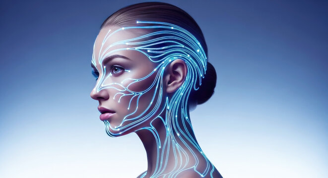 The future of artificial intelligence shown with a woman's profile and glowing digital neural networks