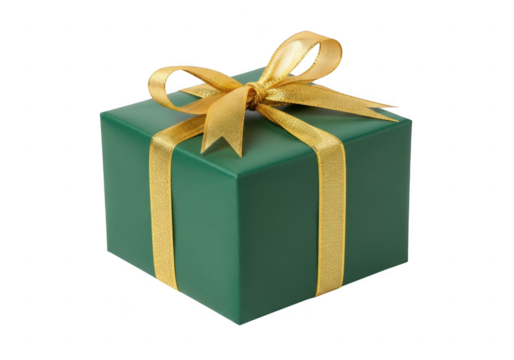 Green gift box with golden ribbon isolated on transparent background