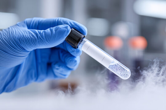 Gloved hands hold a vial with cryopreserved eggs, highlighting fertility preservation