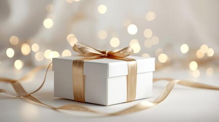 Elegant white gift box with a golden ribbon and bow, set against a sparkling bokeh background, symbolizing celebration and luxury.