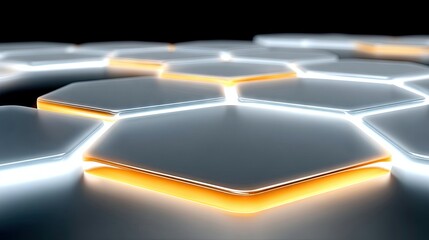 A close-up, low-angle view of a repeating hexagonal grid pattern. The edges of the hexagons are illuminated with bright white and orange light against a dark ba