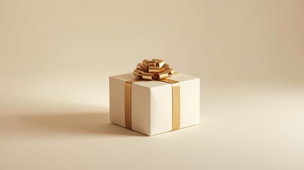A cream-colored gift box with a golden ribbon and bow, presented elegantly on a light background.