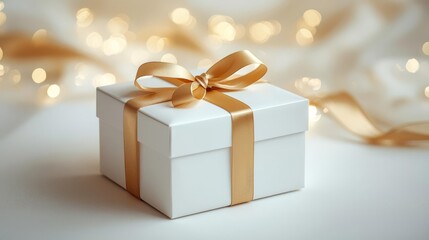 A pristine white gift box adorned with a shimmering gold ribbon and bow, set against a soft, blurred background of warm golden bokeh lights, evoking a sense of celebration and elegance.