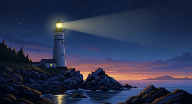 White lighthouse beam shines across ocean at twilight with starry sky beacon