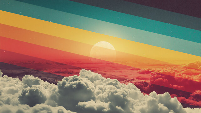 The sun peeking out from cumulus clouds - concept background. Stripes rainbow vintage style poster. Digital photo illustration. - Powered by Adobe