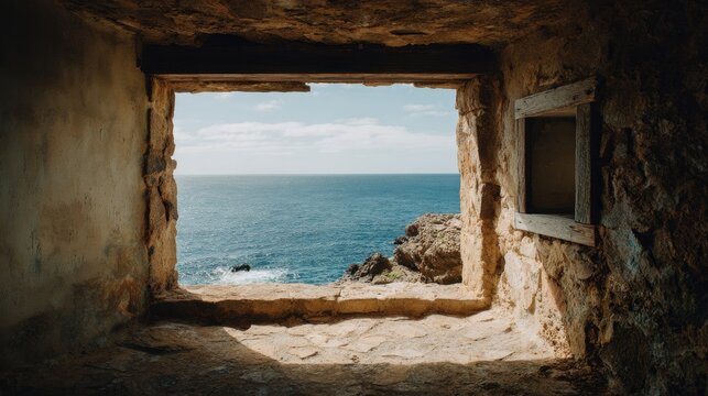 Stunning photo of view of ocean through window of stone building.