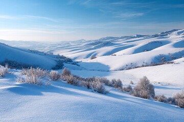 Panoramic view of rolling hills covered in snow during winter