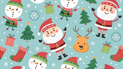 Cute christmas characters and festive elements seamless pattern for holiday design