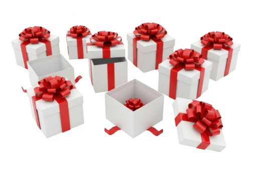 Group of white gift boxes with red ribbons, isolated on transparent background
