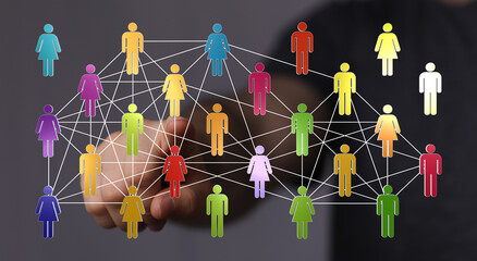 Concept of global networking, communication and connection, showing diverse people connected. Symbolizes teamwo