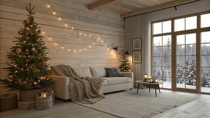 Cozy christmas living room with decorated tree and sofa by large window