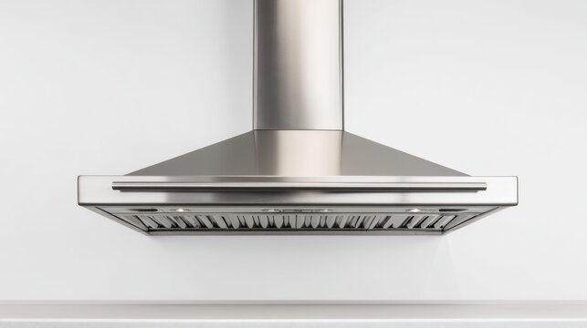 Modern stainless steel range hood illuminates a clean white kitchen wall