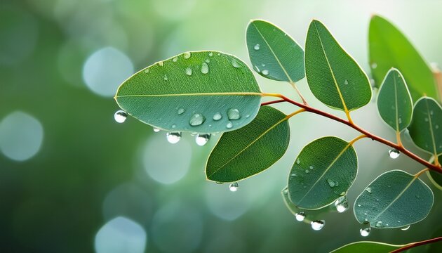 fresh eucalyptus leaves with rain drops on green background branch healing