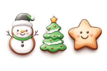Cartoon cookie trio: one snowman, one Christmas tree, and one star, all with happy faces and detailed icing 