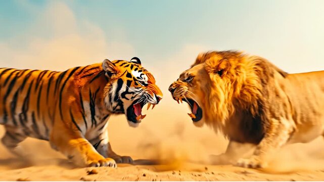 Tiger and lion face off in desert scene. A tiger and lion confront each other with fierce expressions in a sandy landscape during daylight.