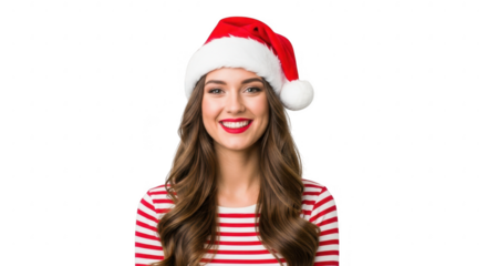 Smiling woman in santa hat and striped shirt, isolated on transparent background