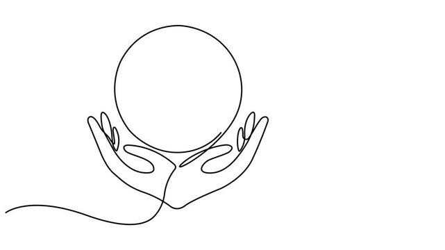 Hand holding Earth globe with leaves continuous line drawn animation. Save Planet concept motion video. Animated linear world map with plant. 4K video