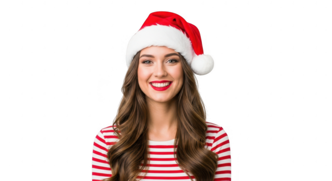Smiling woman in santa hat and striped shirt, isolated on transparent background